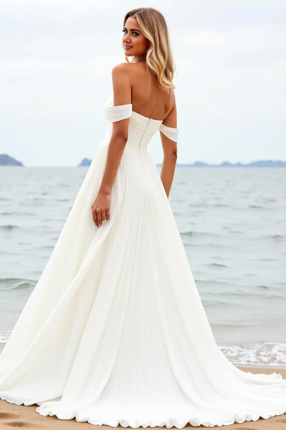 Off-the-Shoulder Pleated Chiffon A-Line Beach Wedding Dress