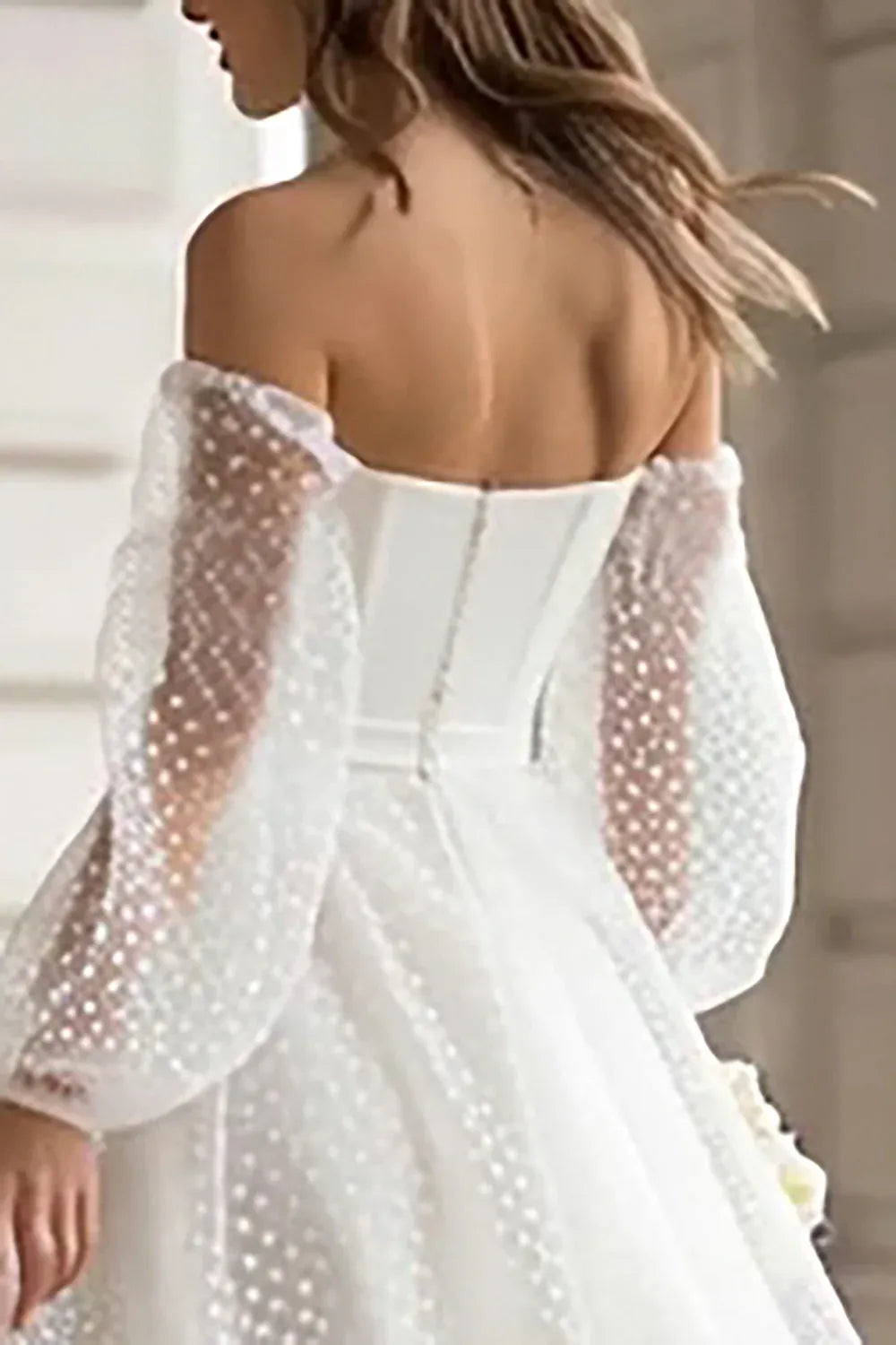 Off-the-Shoulder Polka Dot Tulle Midi Wedding Dress with Puff Sleeves - Retro Bridal Gown