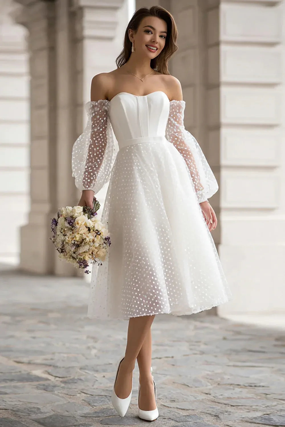 Off-the-Shoulder Polka Dot Tulle Midi Wedding Dress with Puff Sleeves - Retro Bridal Gown