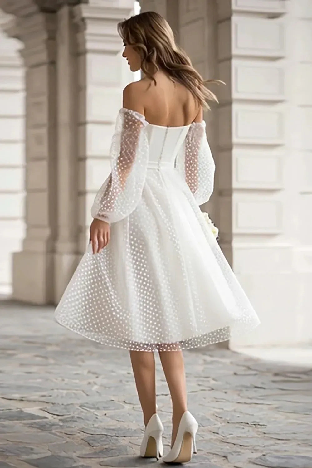 Off-the-Shoulder Polka Dot Tulle Midi Wedding Dress with Puff Sleeves - Retro Bridal Gown