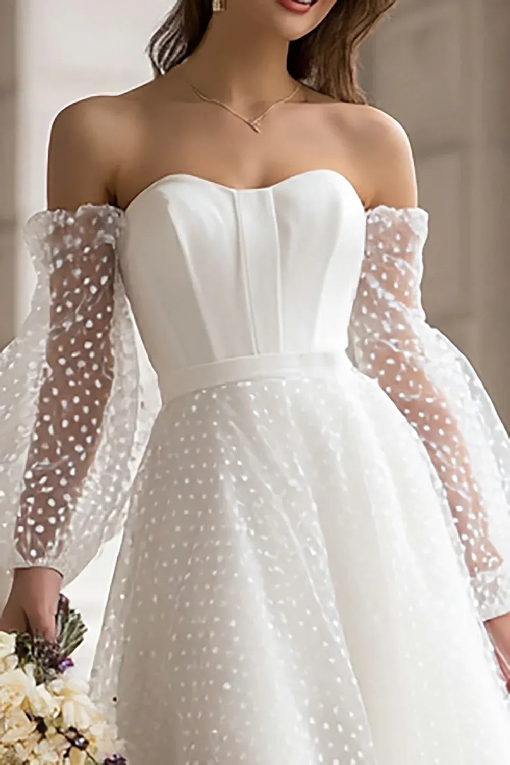 Off-the-Shoulder Polka Dot Tulle Midi Wedding Dress with Puff Sleeves - Retro Bridal Gown