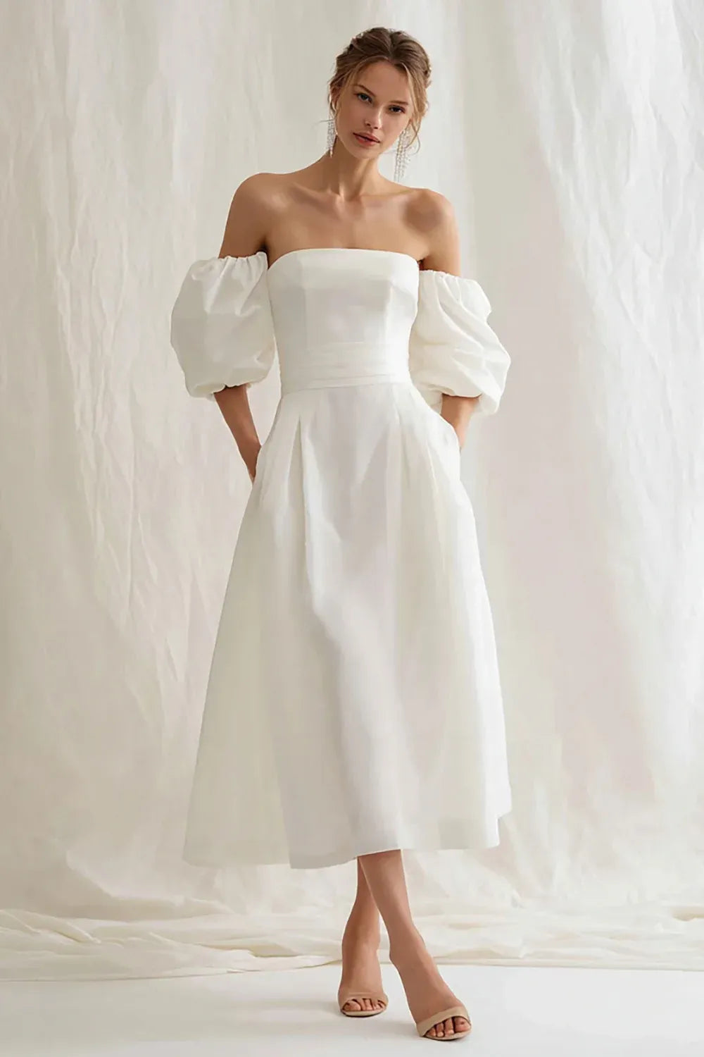 Off-the-Shoulder Puff Sleeve A-Line Midi Wedding Dress with Pockets