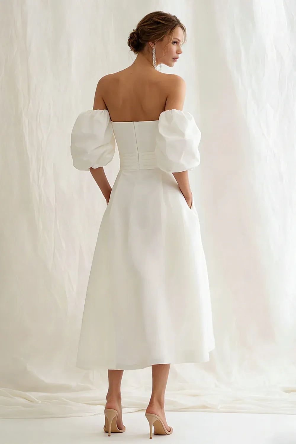 Off-the-Shoulder Puff Sleeve A-Line Midi Wedding Dress with Pockets