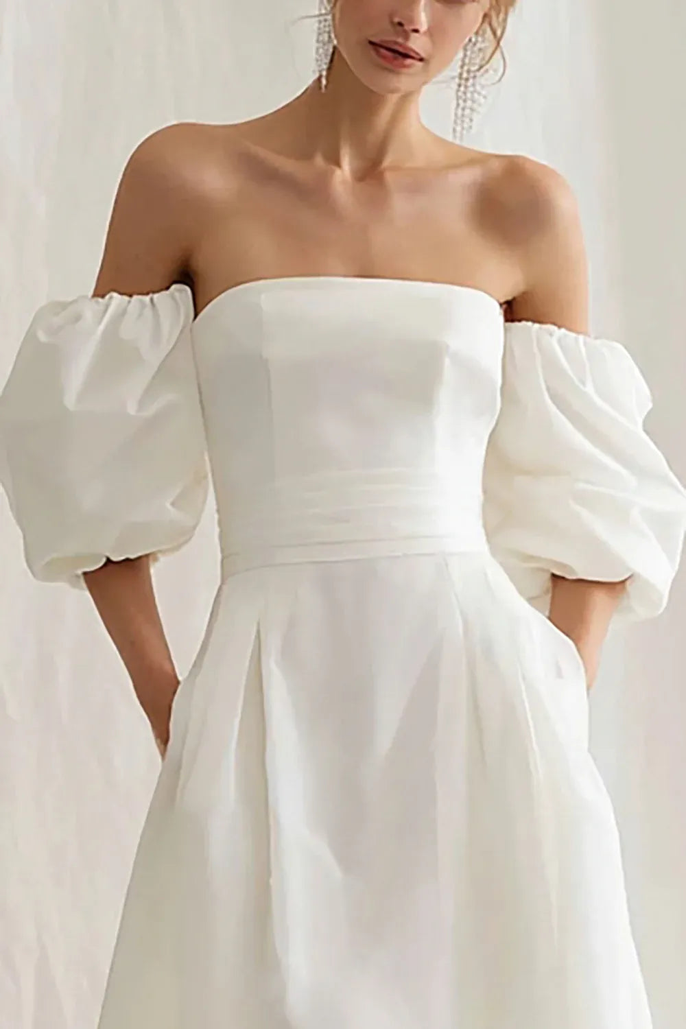 Off-the-Shoulder Puff Sleeve A-Line Midi Wedding Dress with Pockets