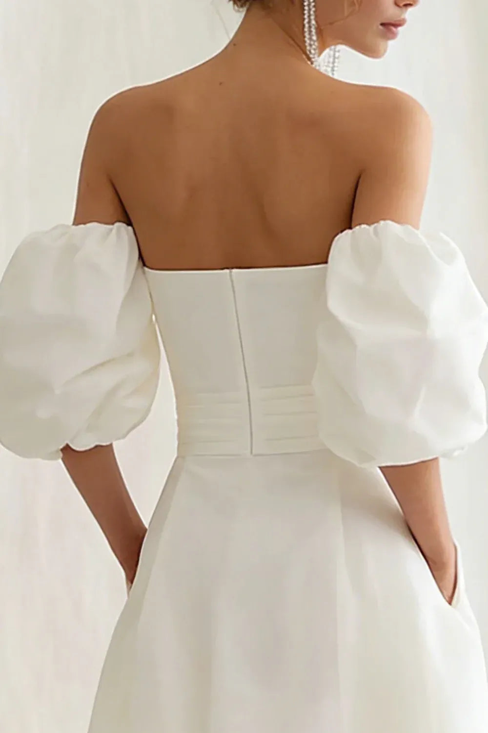 Off-the-Shoulder Puff Sleeve A-Line Midi Wedding Dress with Pockets