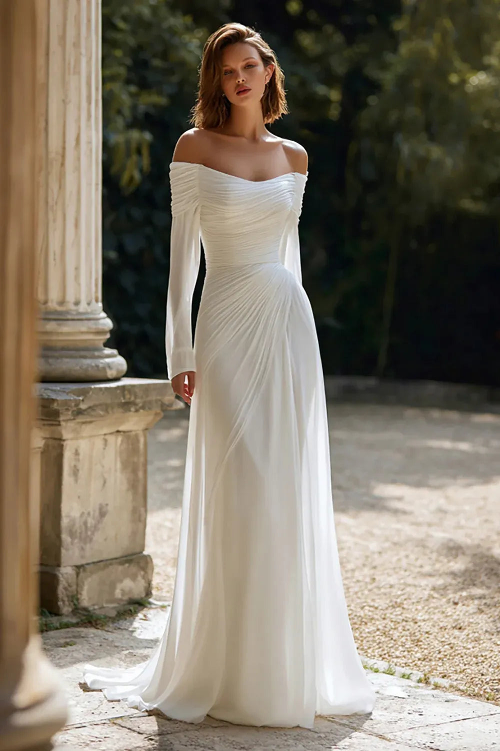 Off-the-Shoulder Ruched Chiffon A-Line Wedding Dress with Long Sleeves - Bohemian Bridal Gown