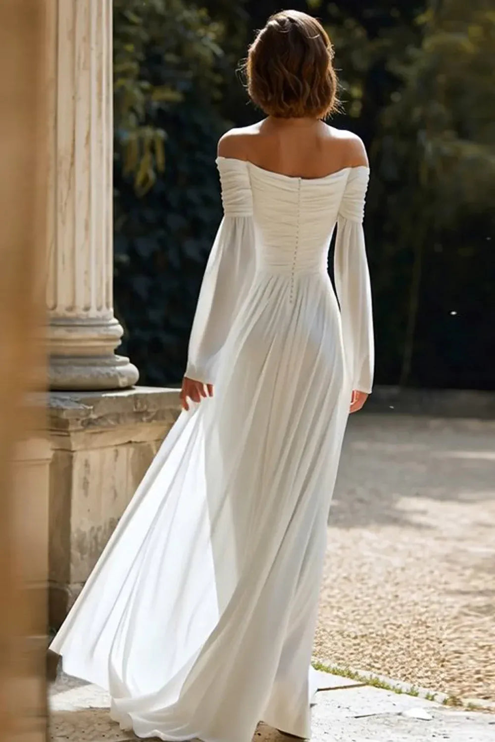 Off-the-Shoulder Ruched Chiffon A-Line Wedding Dress with Long Sleeves - Bohemian Bridal Gown