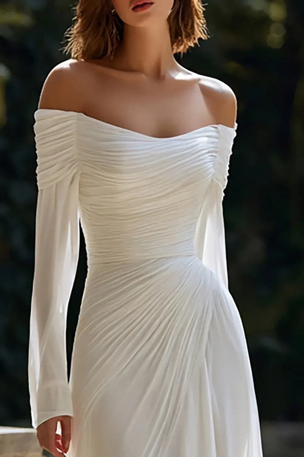 Off-the-Shoulder Ruched Chiffon A-Line Wedding Dress with Long Sleeves - Bohemian Bridal Gown