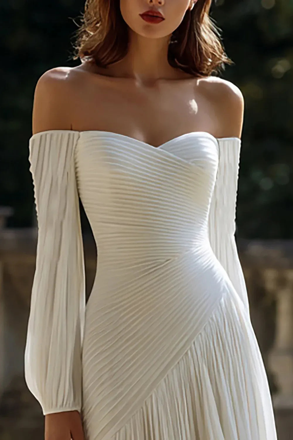 Off-the-Shoulder Ruched Chiffon A-Line Wedding Dress with Long Sleeves - Romantic Bridal Gown