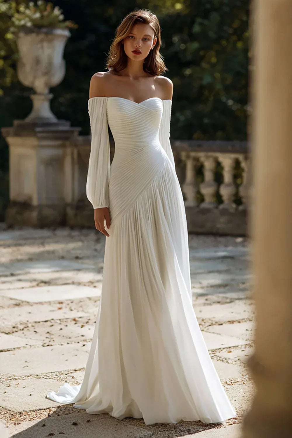 Off-the-Shoulder Ruched Chiffon A-Line Wedding Dress with Long Sleeves - Romantic Bridal Gown