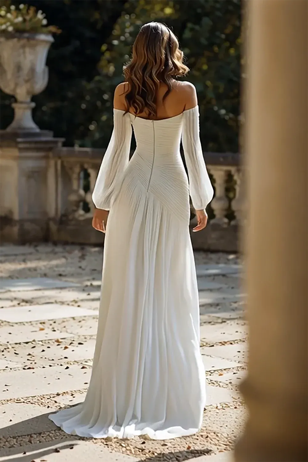 Off-the-Shoulder Ruched Chiffon A-Line Wedding Dress with Long Sleeves - Romantic Bridal Gown