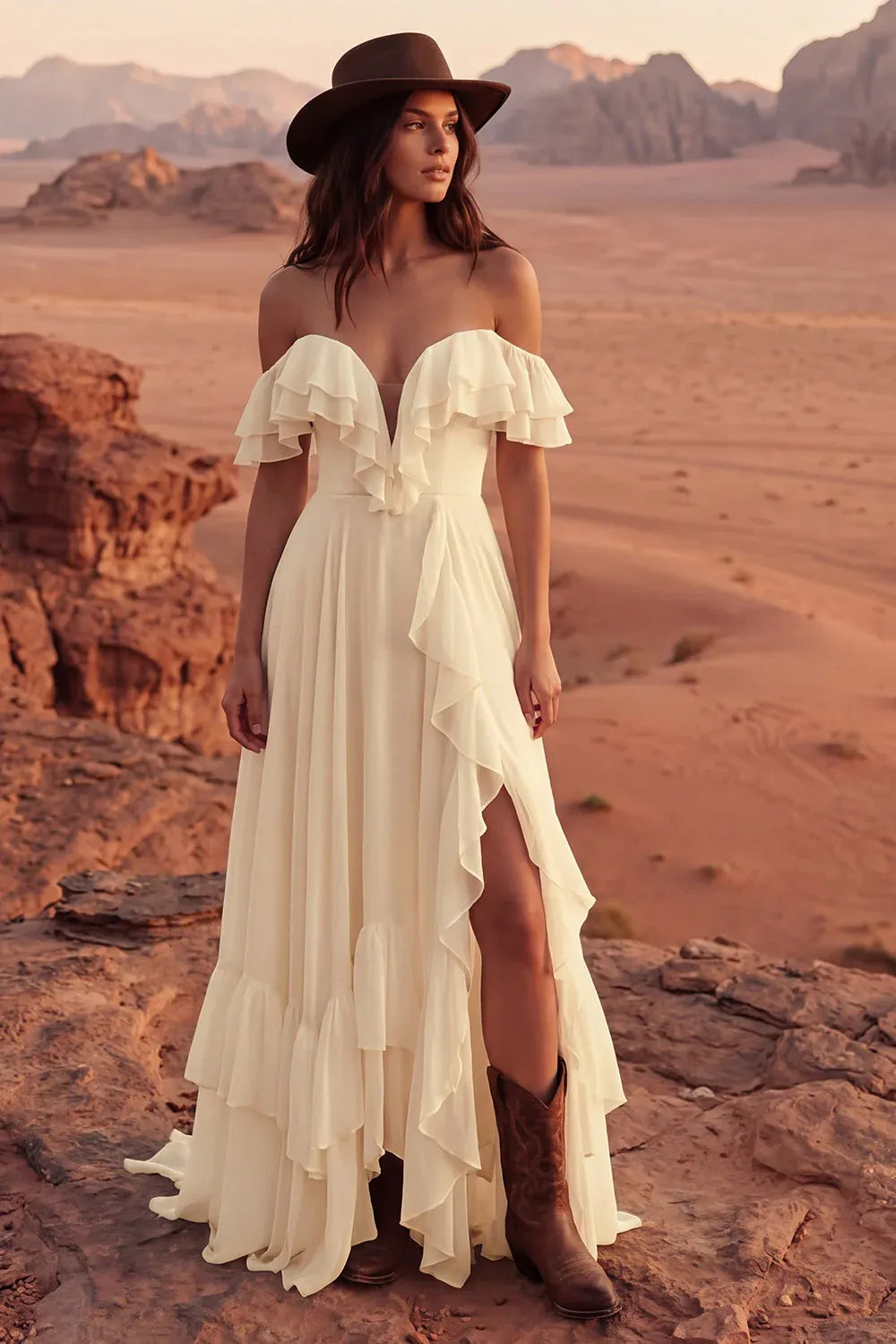 Off-the-Shoulder Ruffle Chiffon Wedding Dress with Slit - Western Desert Bridal Gown