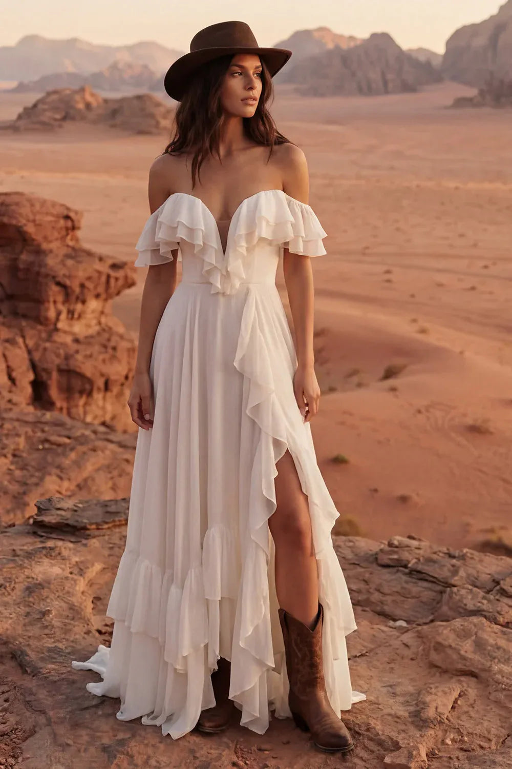 Off-the-Shoulder Ruffle Chiffon Wedding Dress with Slit - Western Desert Bridal Gown