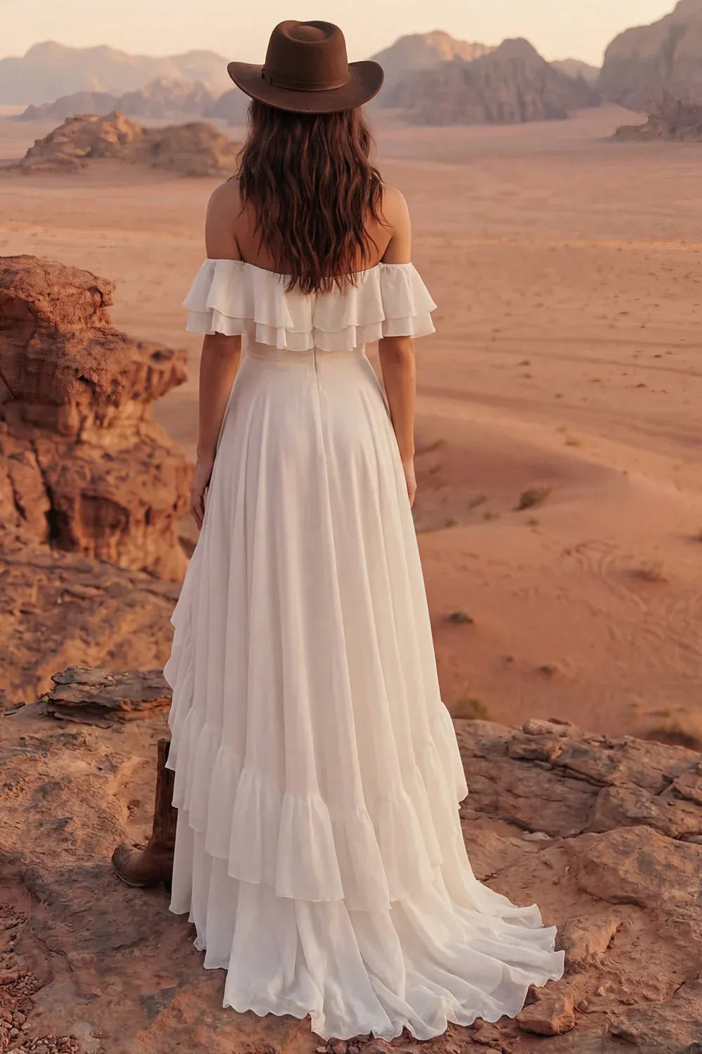 Off-the-Shoulder Ruffle Chiffon Wedding Dress with Slit - Western Desert Bridal Gown