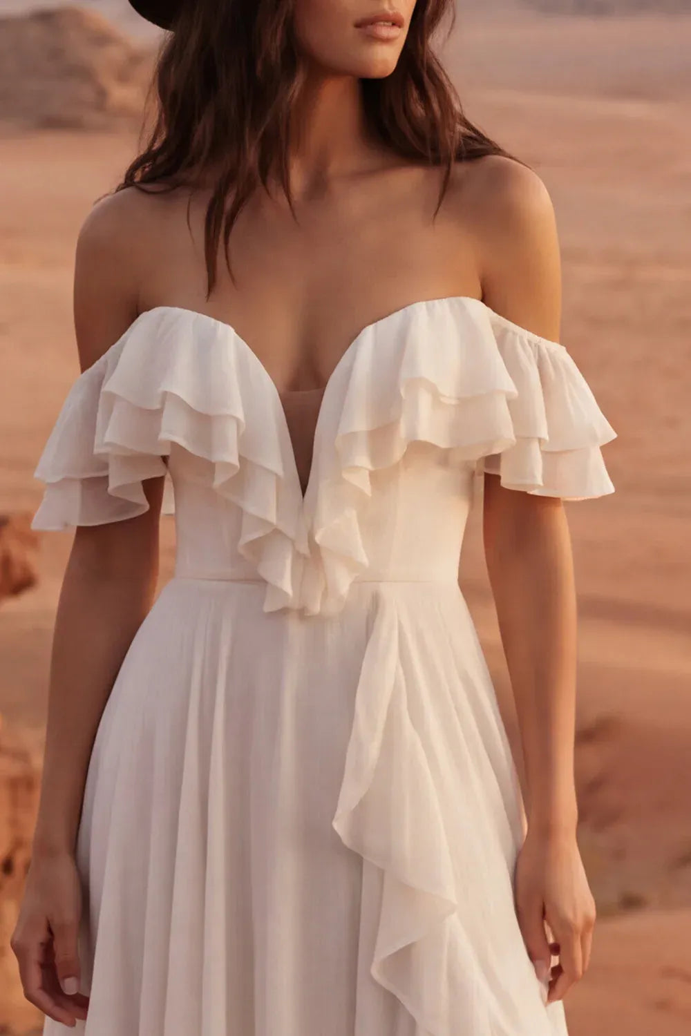 Off-the-Shoulder Ruffle Chiffon Wedding Dress with Slit - Western Desert Bridal Gown