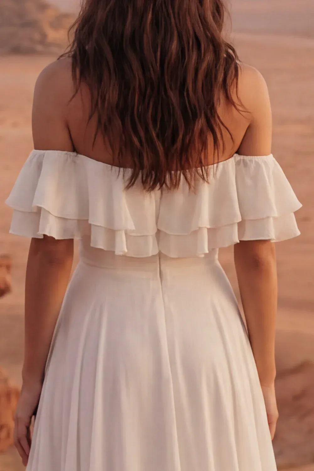 Off-the-Shoulder Ruffle Chiffon Wedding Dress with Slit - Western Desert Bridal Gown