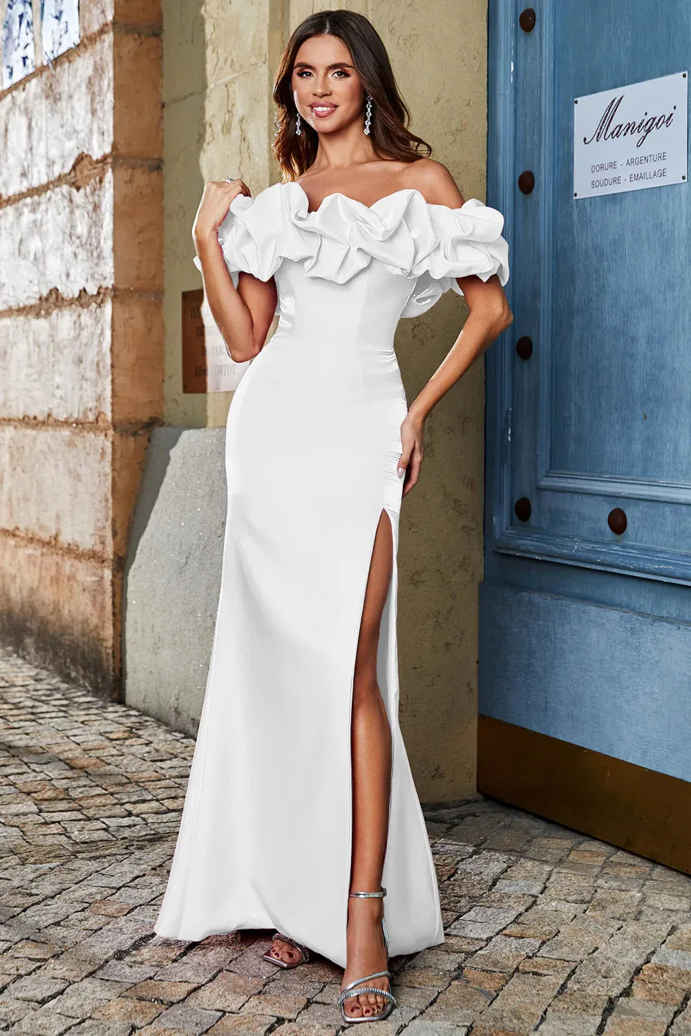 Off-the-Shoulder Ruffled Satin Mermaid Wedding Dress with Slit