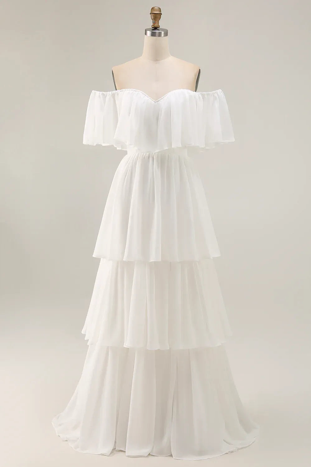 Off-the-Shoulder Ruffled Tiered Chiffon Wedding Dress - Bohemian Bridal Gown