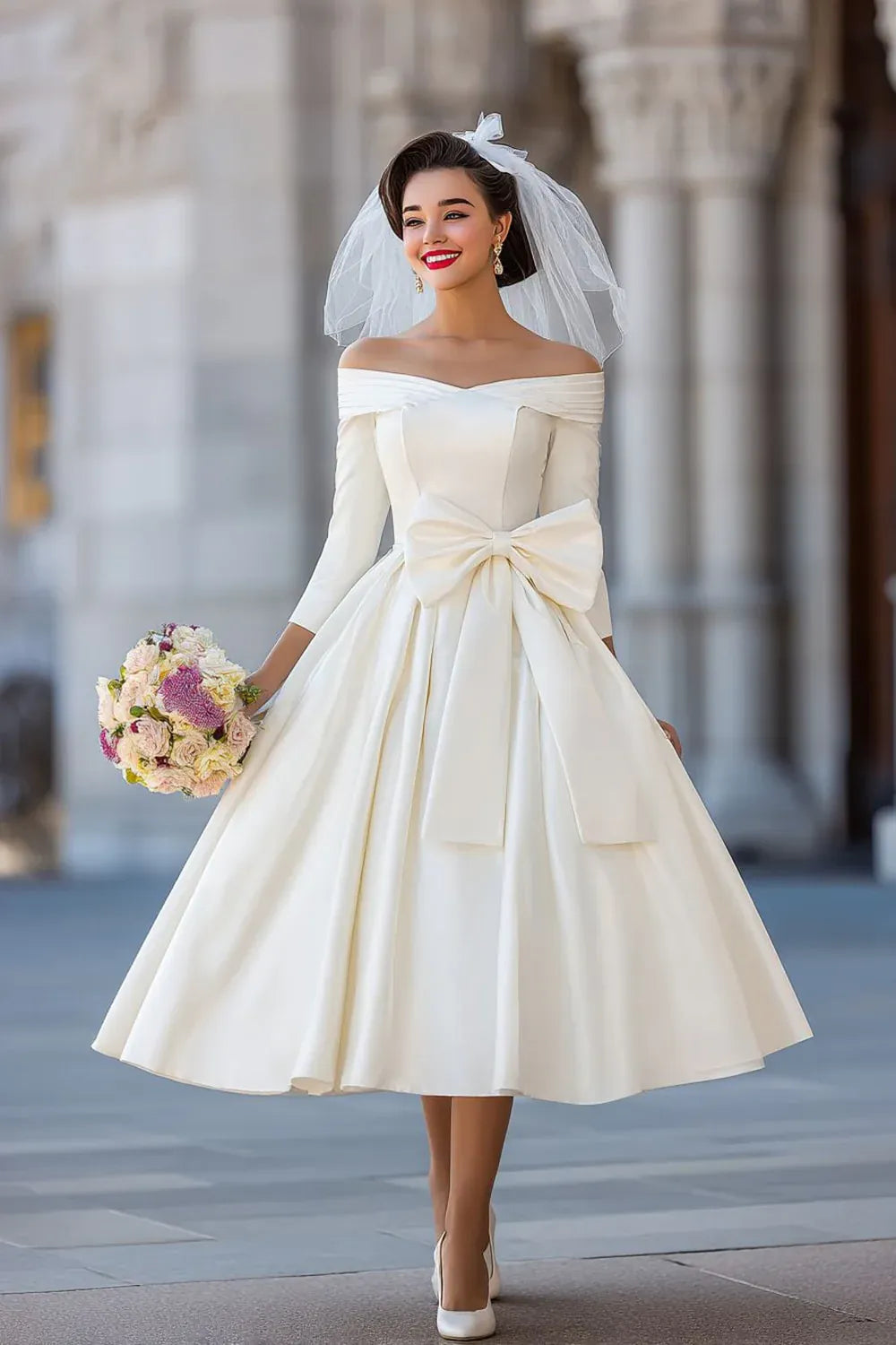 Off-the-Shoulder Satin A-Line Tea-Length Wedding Dress with Bow Back