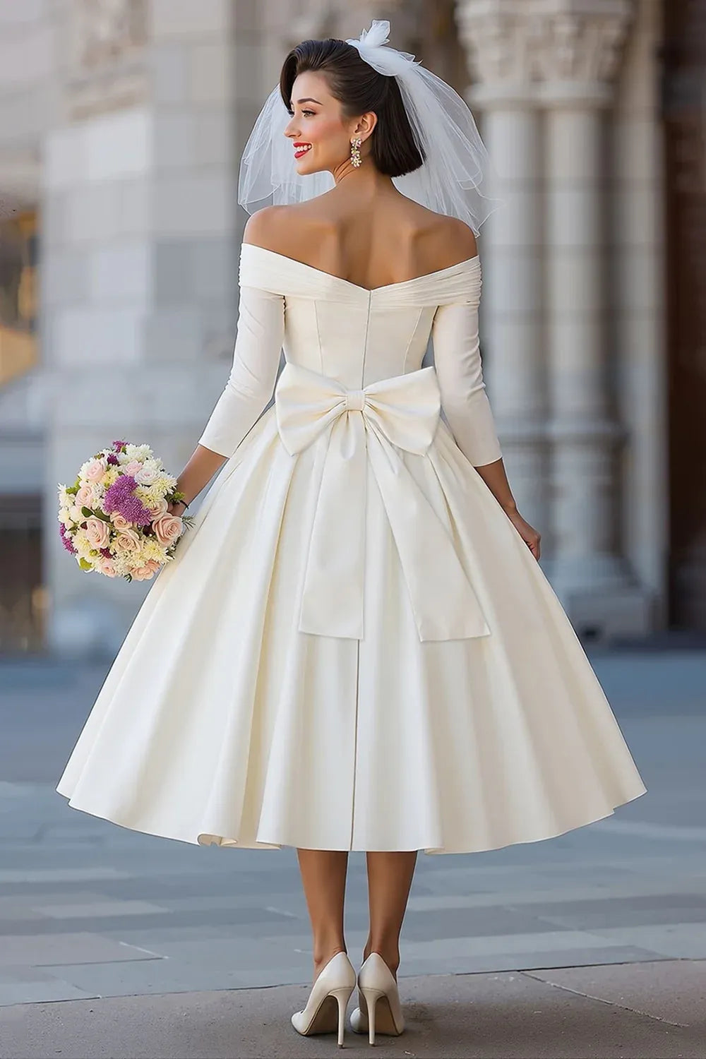 Off-the-Shoulder Satin A-Line Tea-Length Wedding Dress with Bow Back
