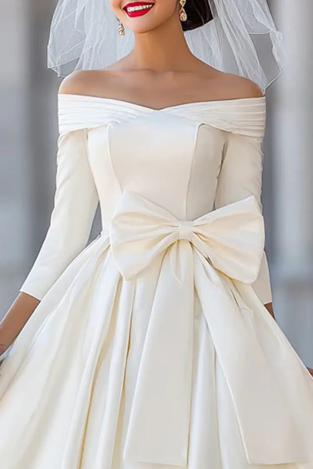 Off-the-Shoulder Satin A-Line Tea-Length Wedding Dress with Bow Back