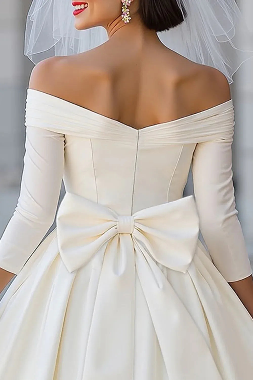 Off-the-Shoulder Satin A-Line Tea-Length Wedding Dress with Bow Back
