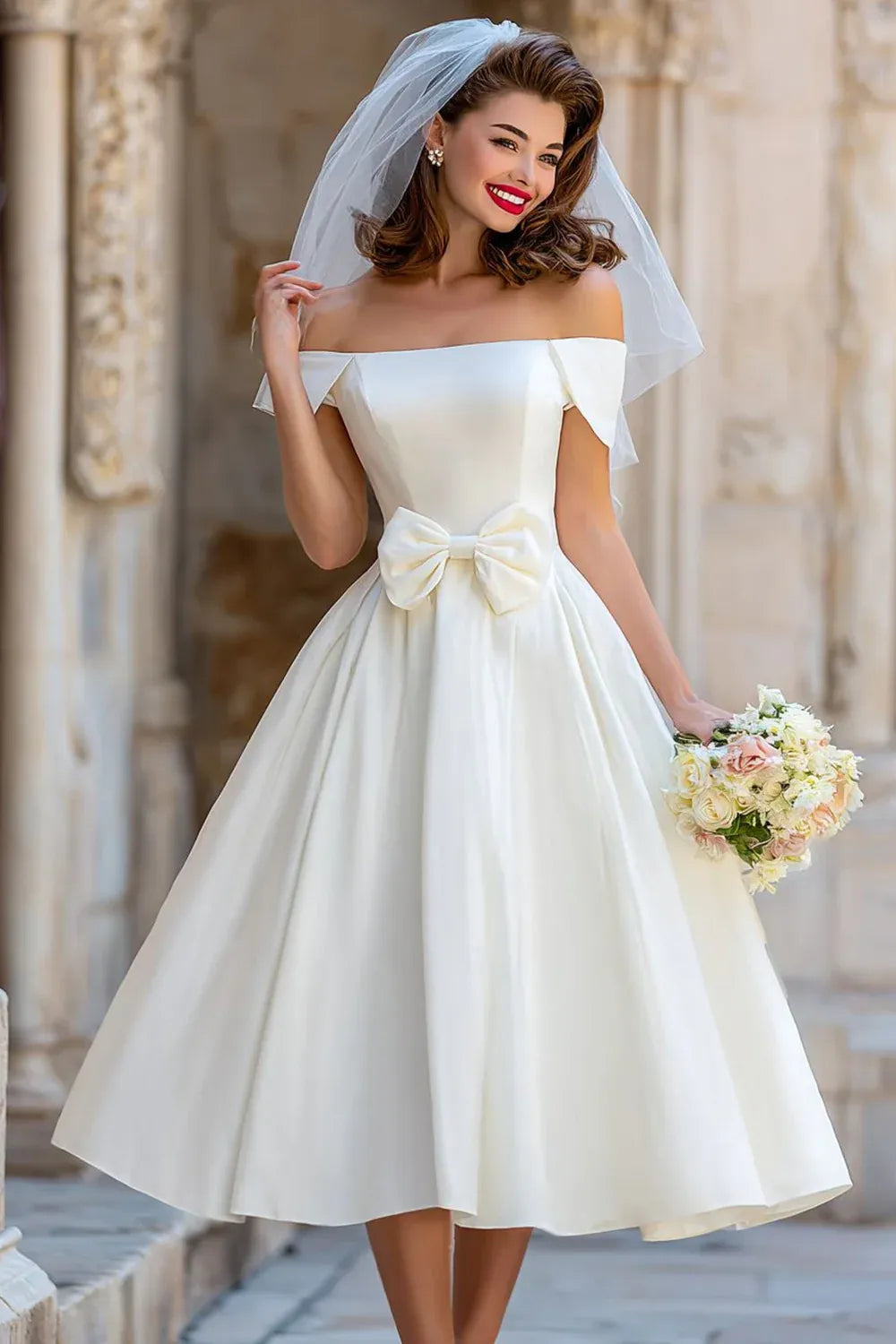 Off-the-Shoulder Satin A-Line Tea-Length Wedding Dress with Bow Detail