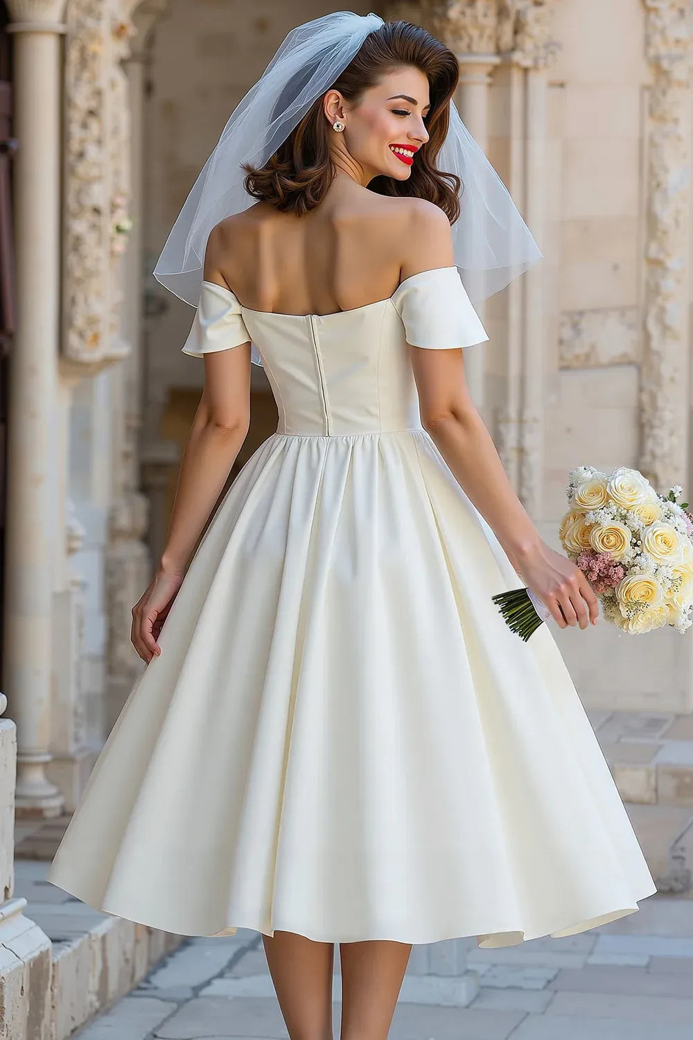 Off-the-Shoulder Satin A-Line Tea-Length Wedding Dress with Bow Detail