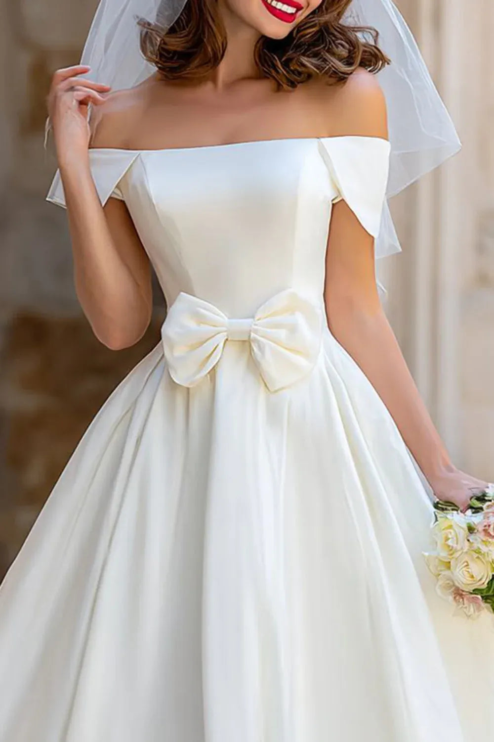 Off-the-Shoulder Satin A-Line Tea-Length Wedding Dress with Bow Detail