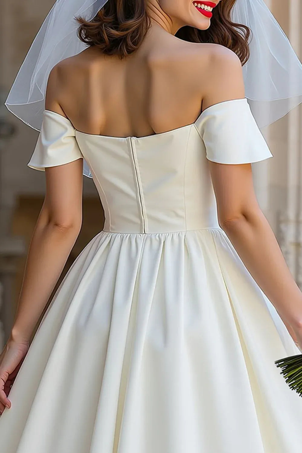 Off-the-Shoulder Satin A-Line Tea-Length Wedding Dress with Bow Detail