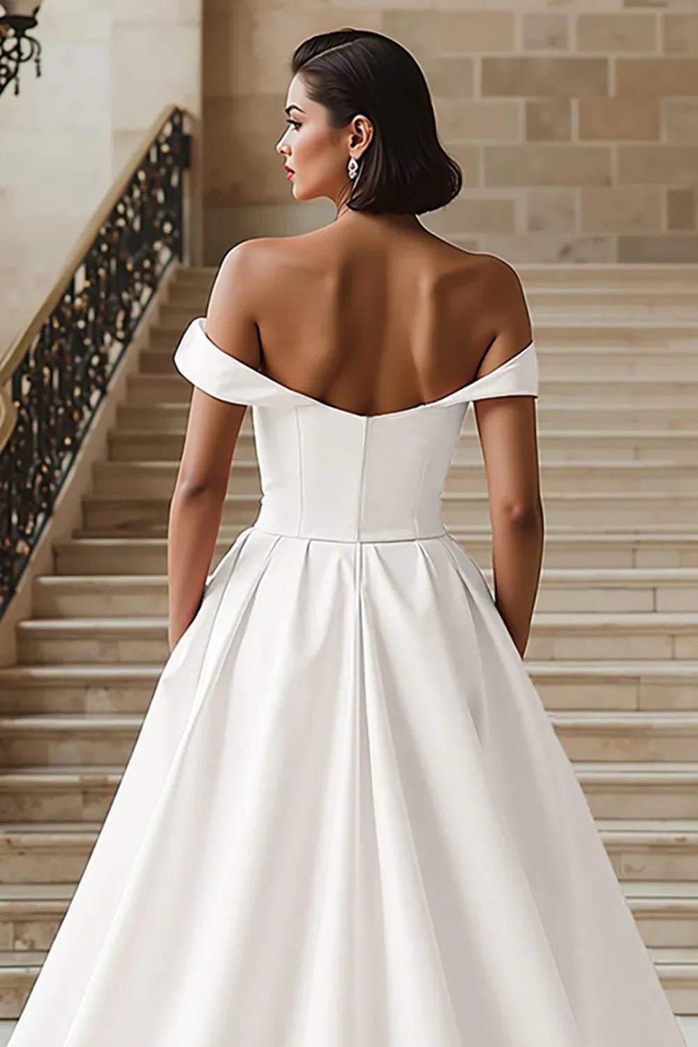 Off-the-Shoulder Satin A-Line Wedding Dress with Belt and Pockets - Modern Bridal Gown