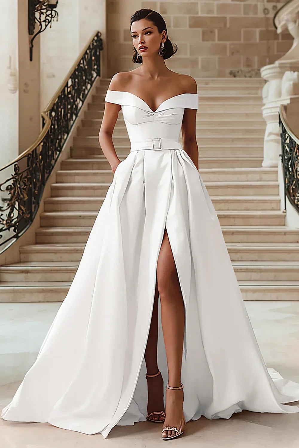 Off-the-Shoulder Satin A-Line Wedding Dress with Belt and Pockets - Modern Bridal Gown