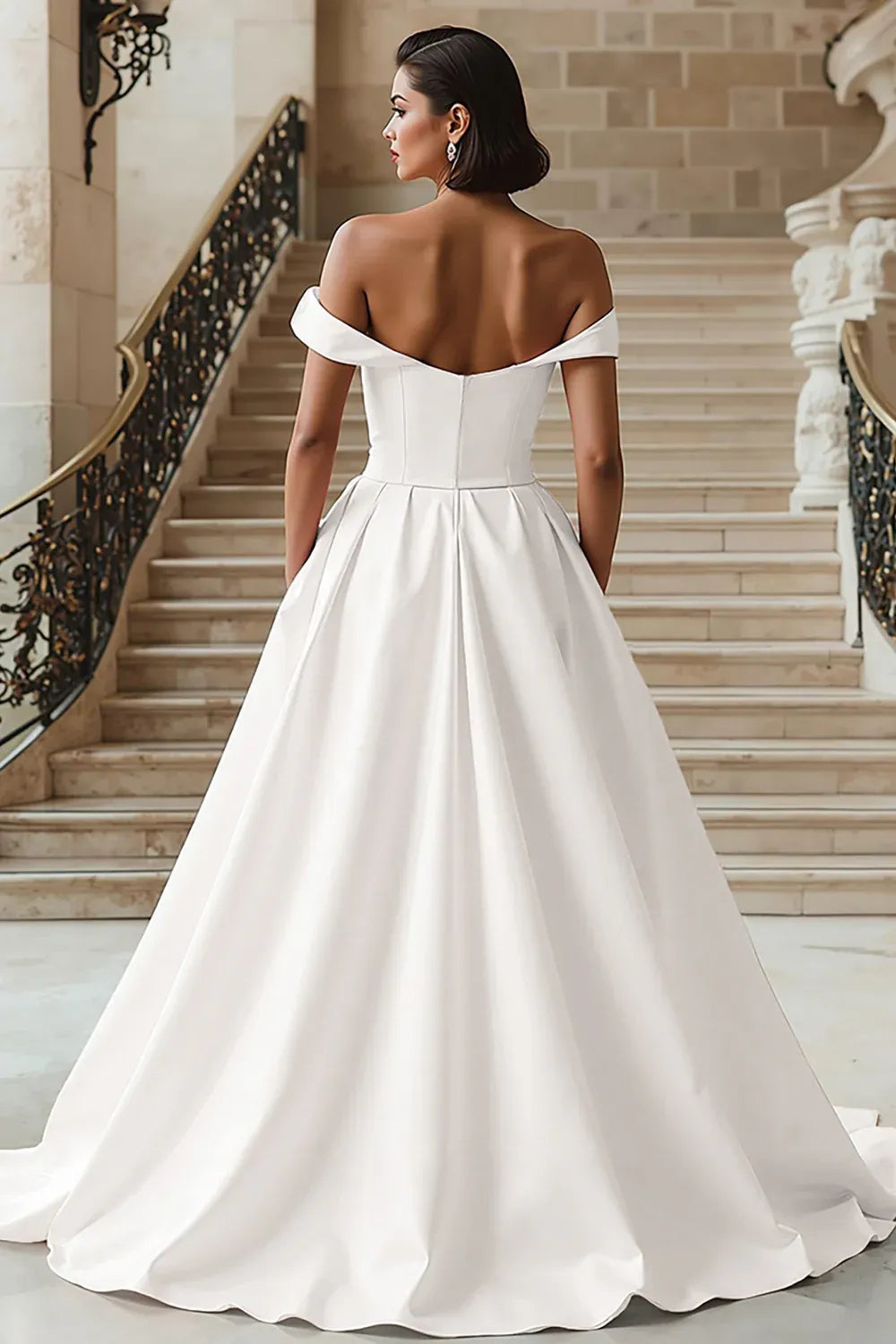 Off-the-Shoulder Satin A-Line Wedding Dress with Belt and Pockets - Modern Bridal Gown