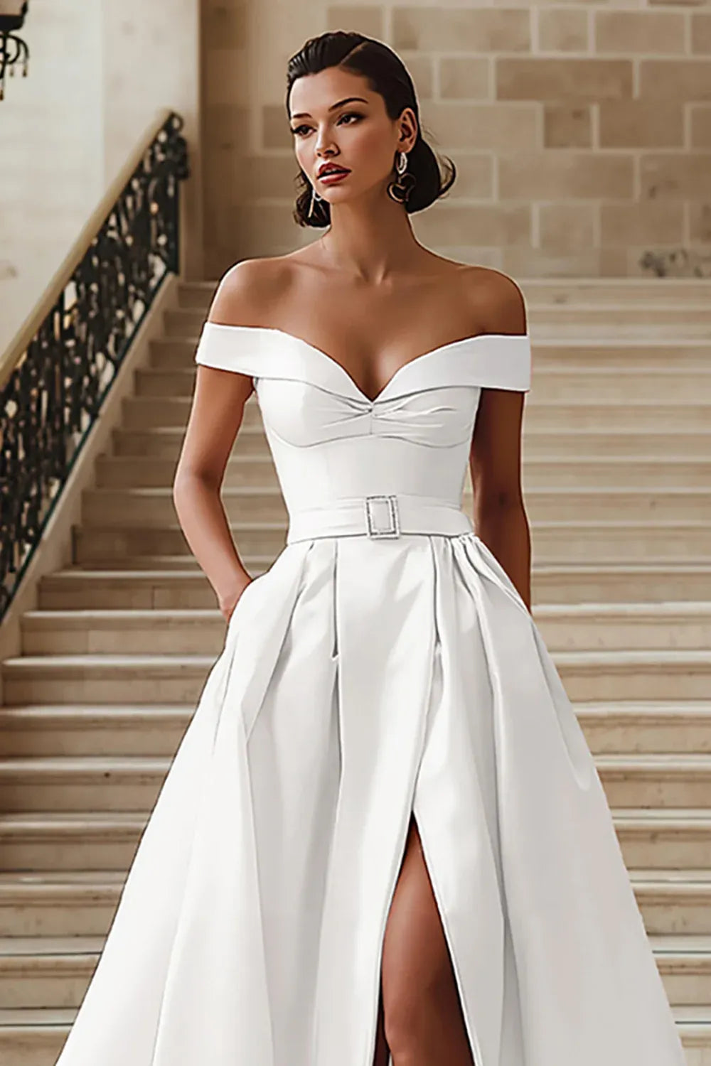 Off-the-Shoulder Satin A-Line Wedding Dress with Belt and Pockets - Modern Bridal Gown