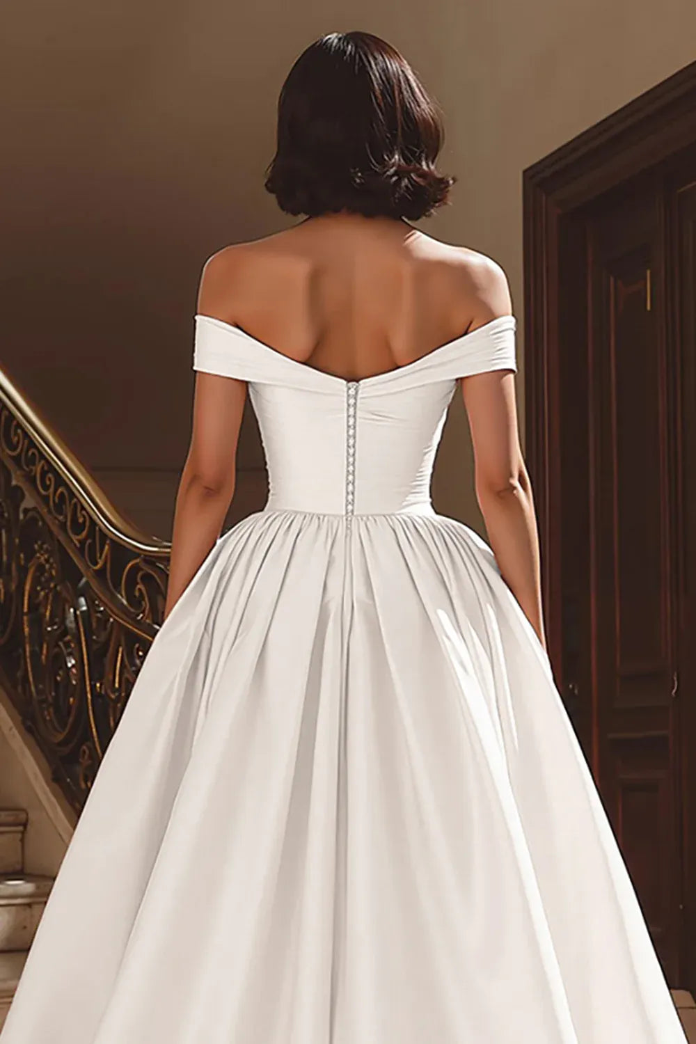 Off-the-Shoulder Satin Ball Gown Wedding Dress with High Slit & Pockets