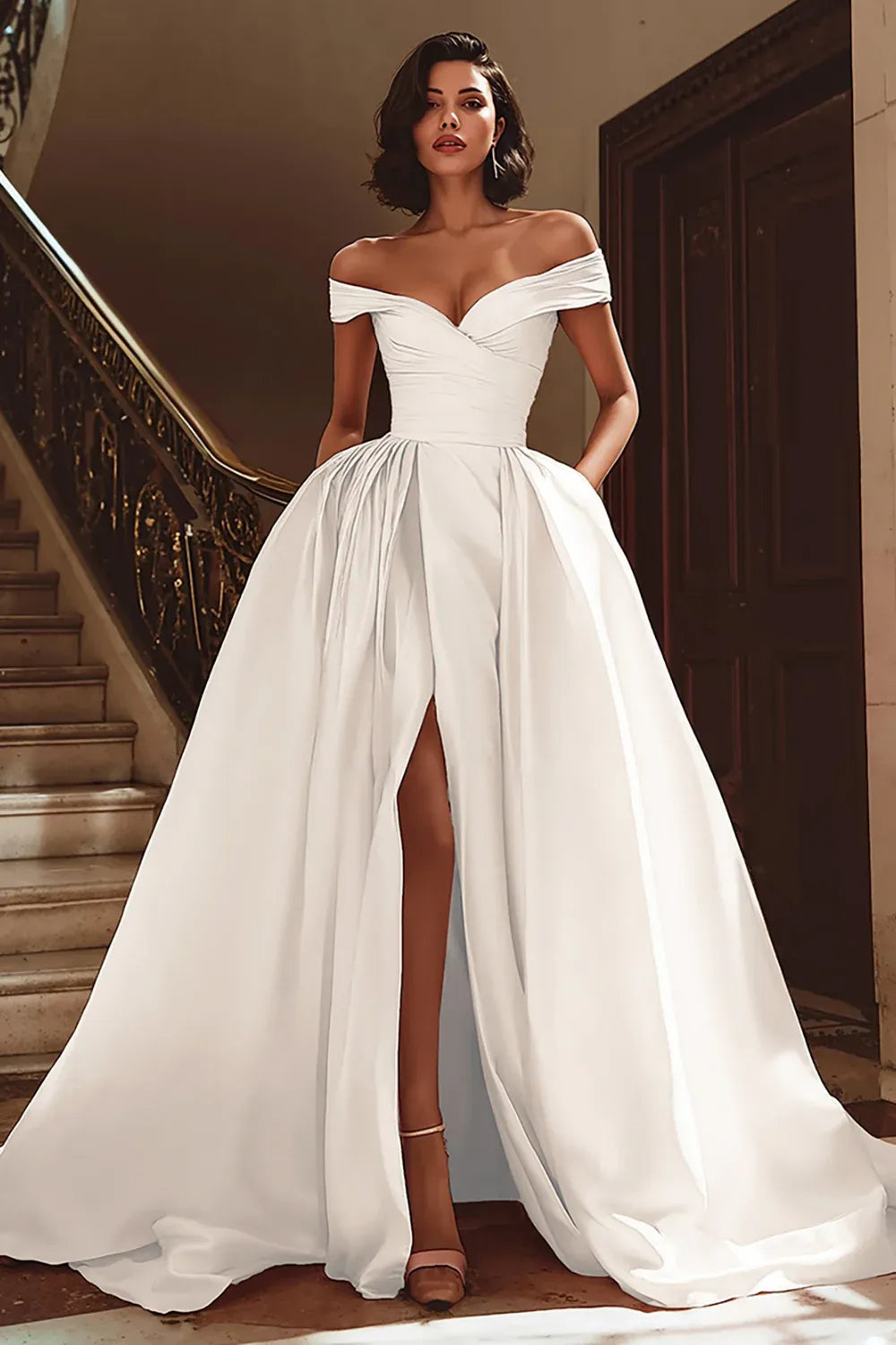 Off-the-Shoulder Satin Ball Gown Wedding Dress with High Slit & Pockets
