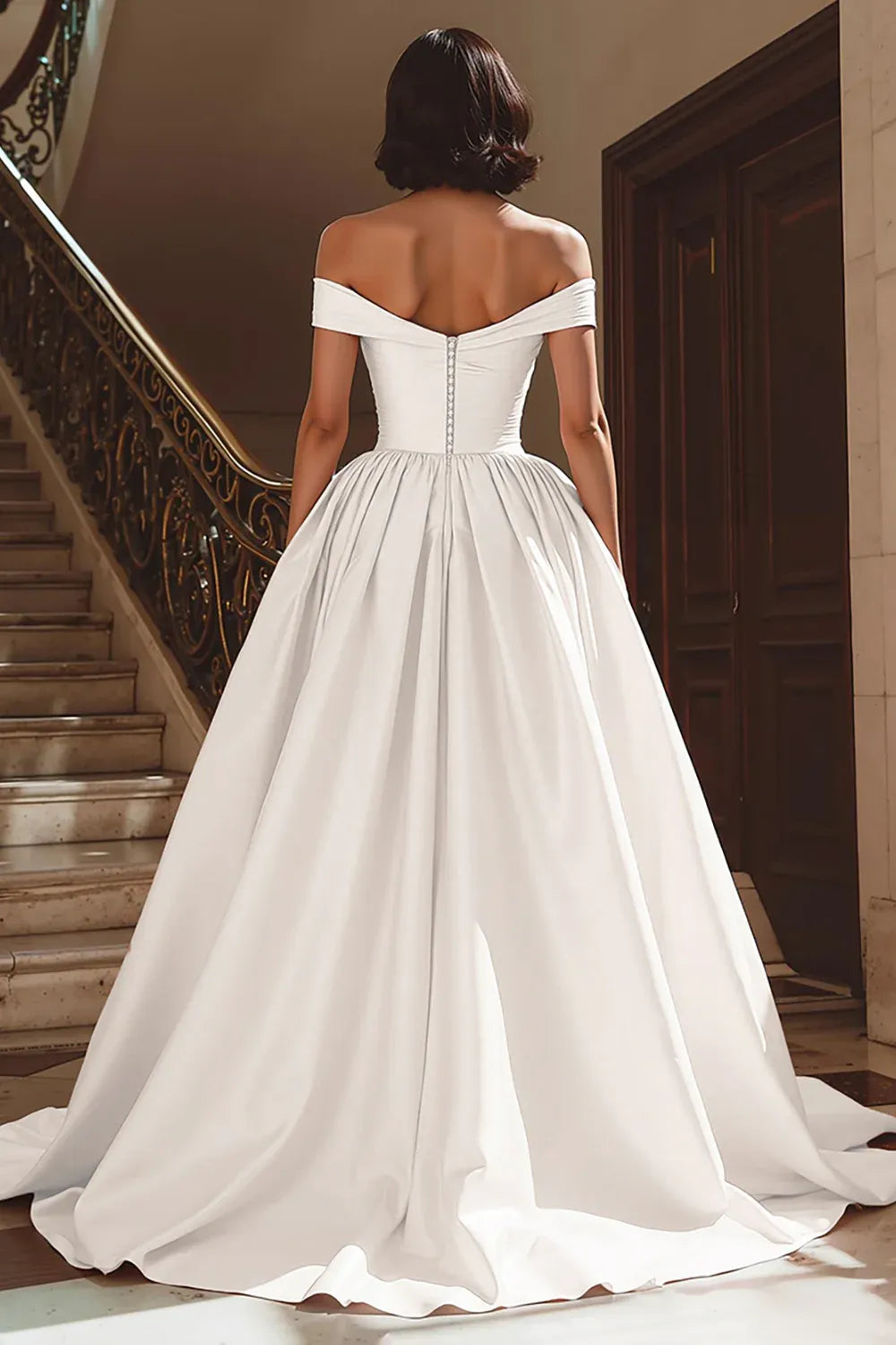 Off-the-Shoulder Satin Ball Gown Wedding Dress with High Slit & Pockets