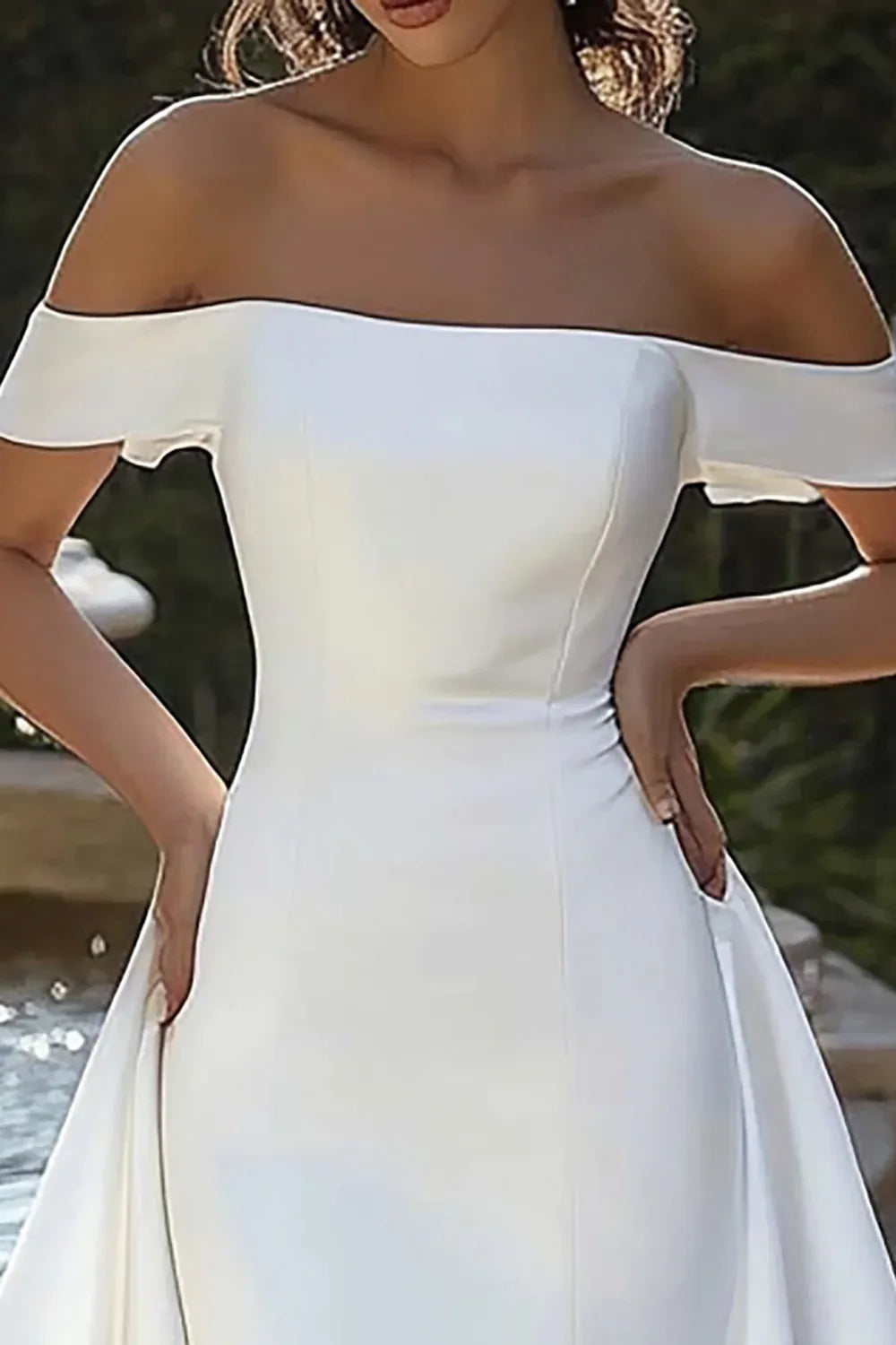 Off-the-Shoulder Satin High-Low Wedding Dress with Slit and Pockets - Modern Bridal Gown