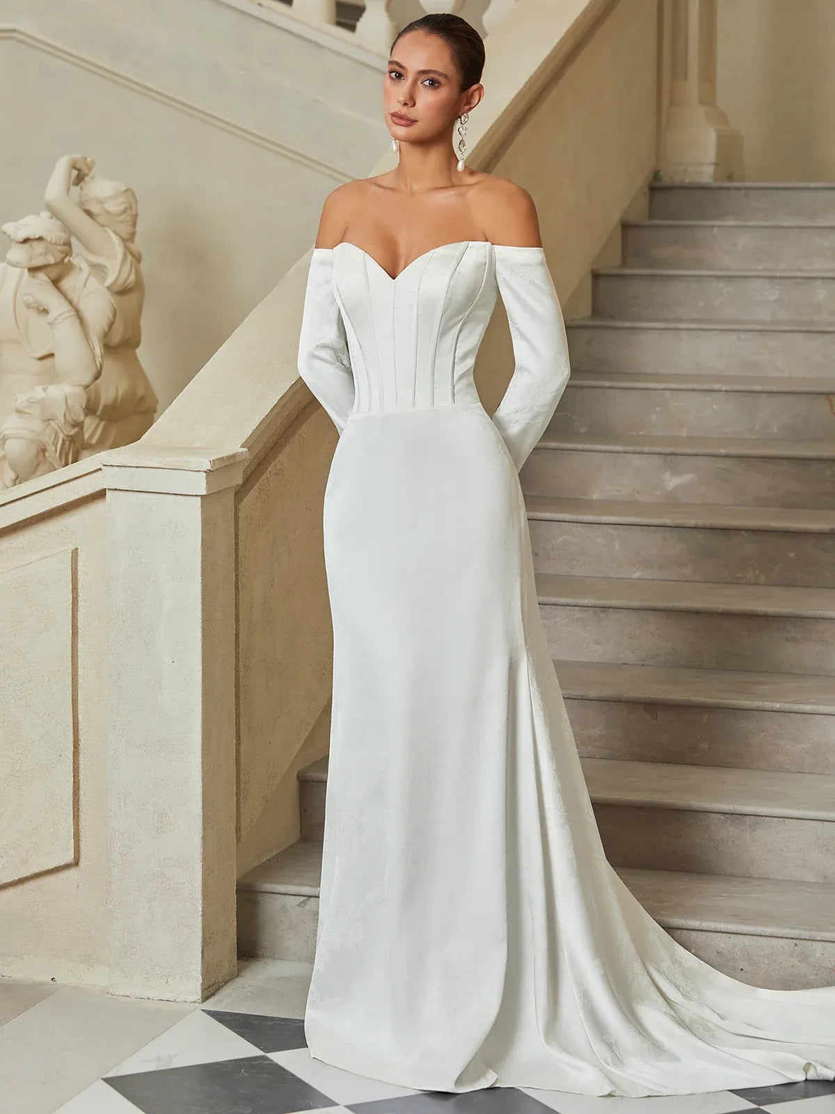 Off-the-Shoulder Satin Mermaid Wedding Dress with Corset Bodice & Long Sleeves - Modern Bridal Gown