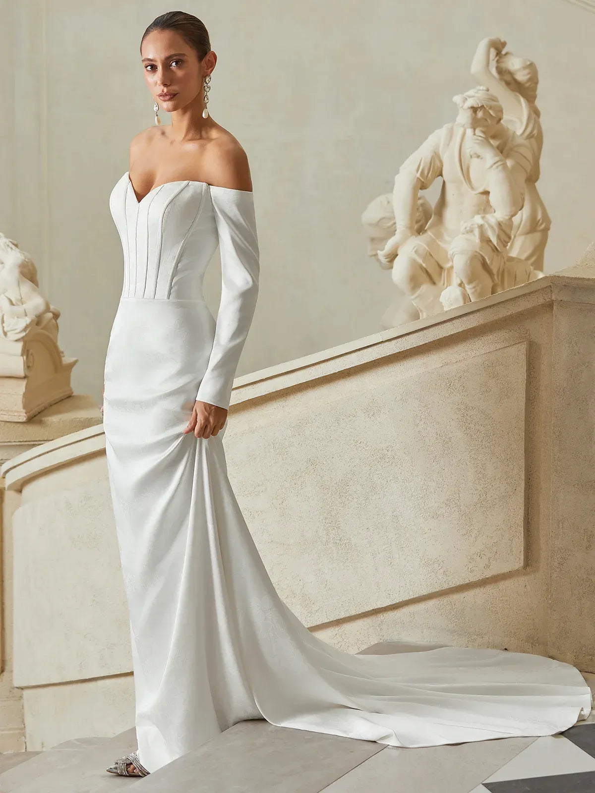 Off-the-Shoulder Satin Mermaid Wedding Dress with Corset Bodice & Long Sleeves - Modern Bridal Gown