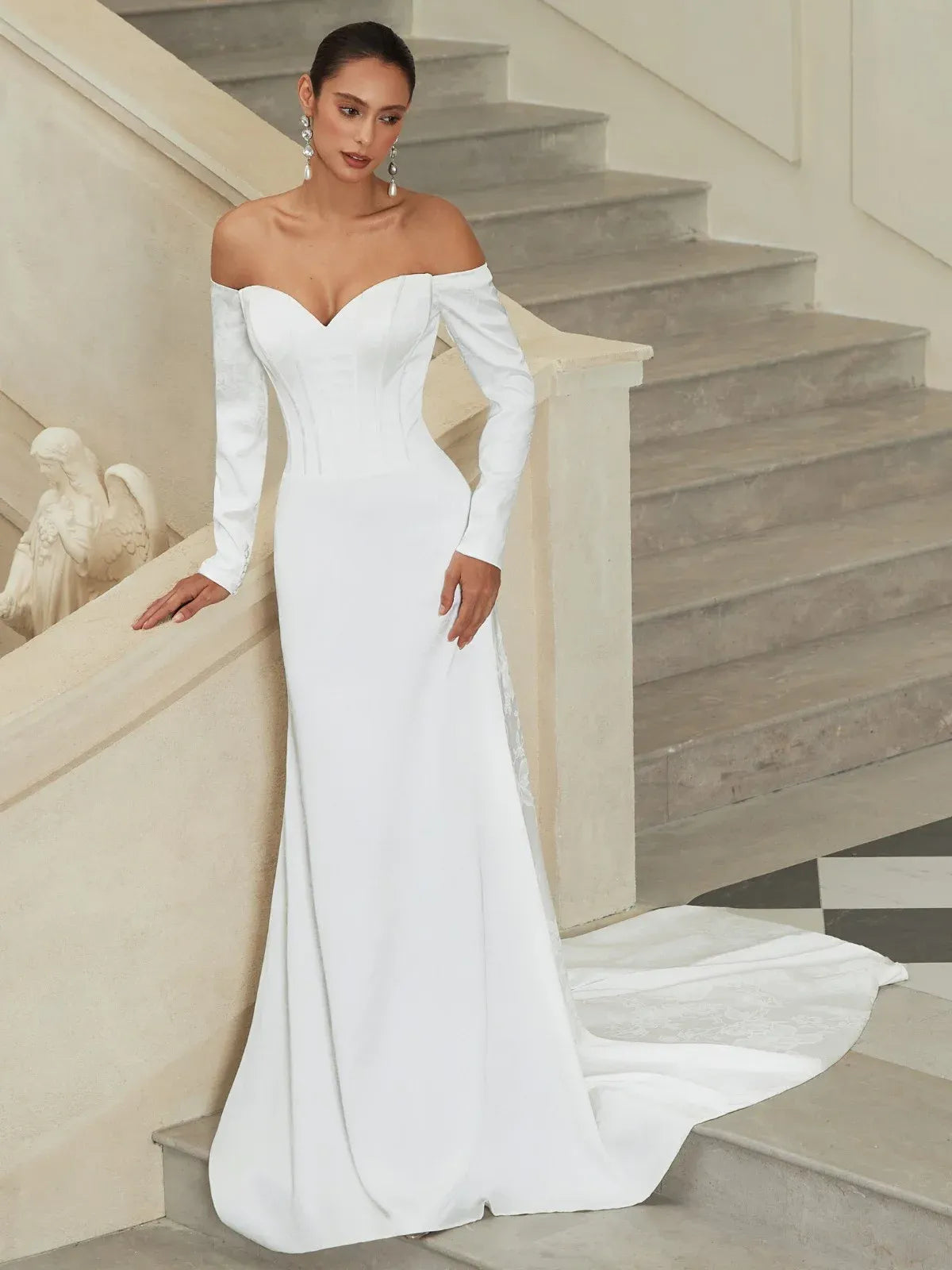 Off-the-Shoulder Satin Mermaid Wedding Dress with Corset Bodice & Long Sleeves - Modern Bridal Gown