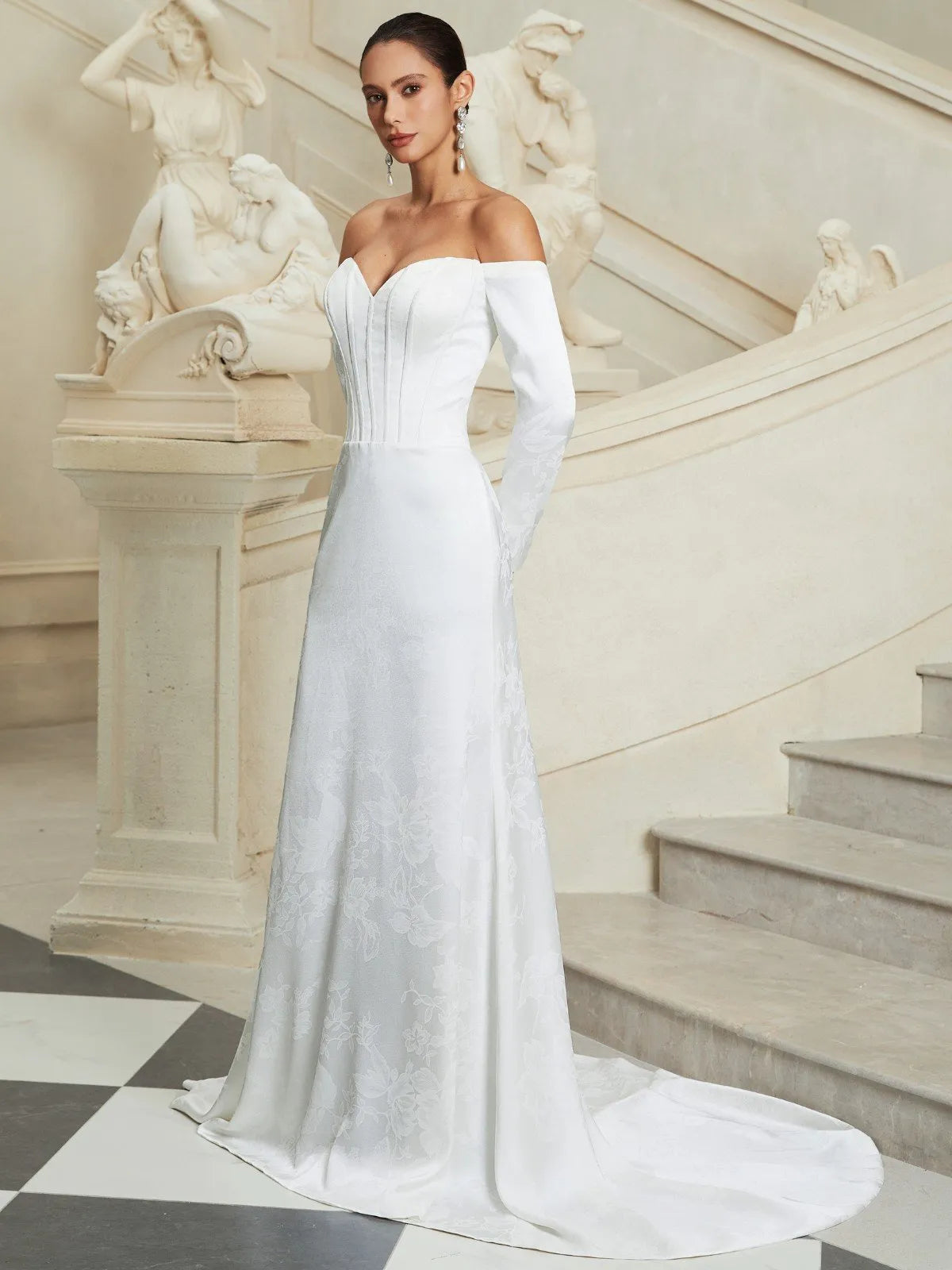 Off-the-Shoulder Satin Mermaid Wedding Dress with Corset Bodice & Long Sleeves - Modern Bridal Gown