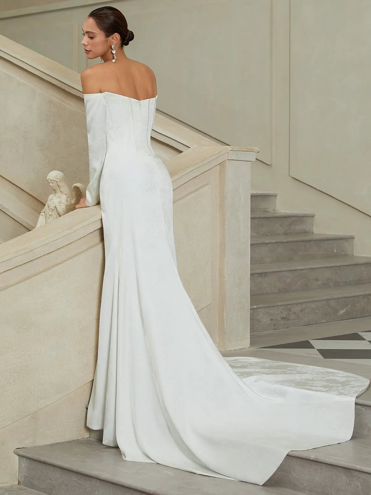 Off-the-Shoulder Satin Mermaid Wedding Dress with Corset Bodice & Long Sleeves - Modern Bridal Gown