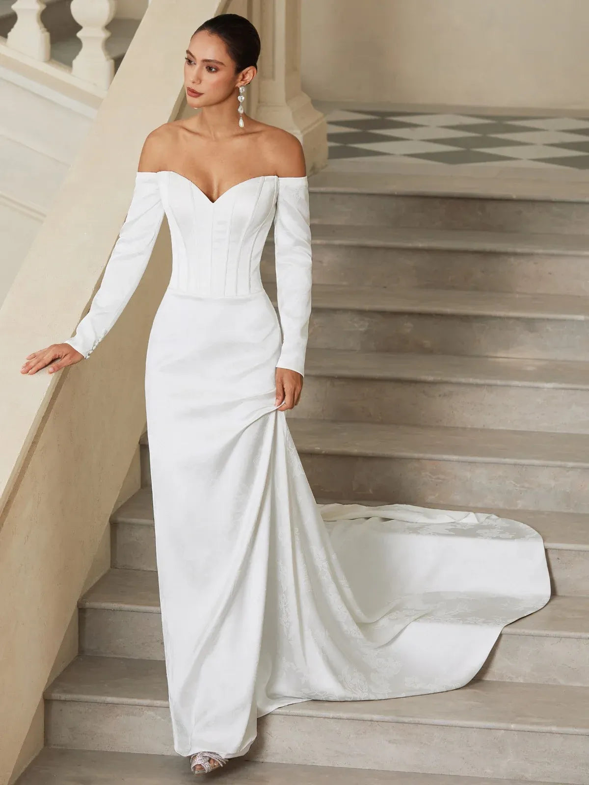 Off-the-Shoulder Satin Mermaid Wedding Dress with Corset Bodice & Long Sleeves - Modern Bridal Gown