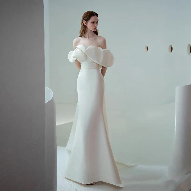 Off-the-Shoulder Satin Mermaid Wedding Dress with Oversized Ruffle Bodice and Back Bow Train
