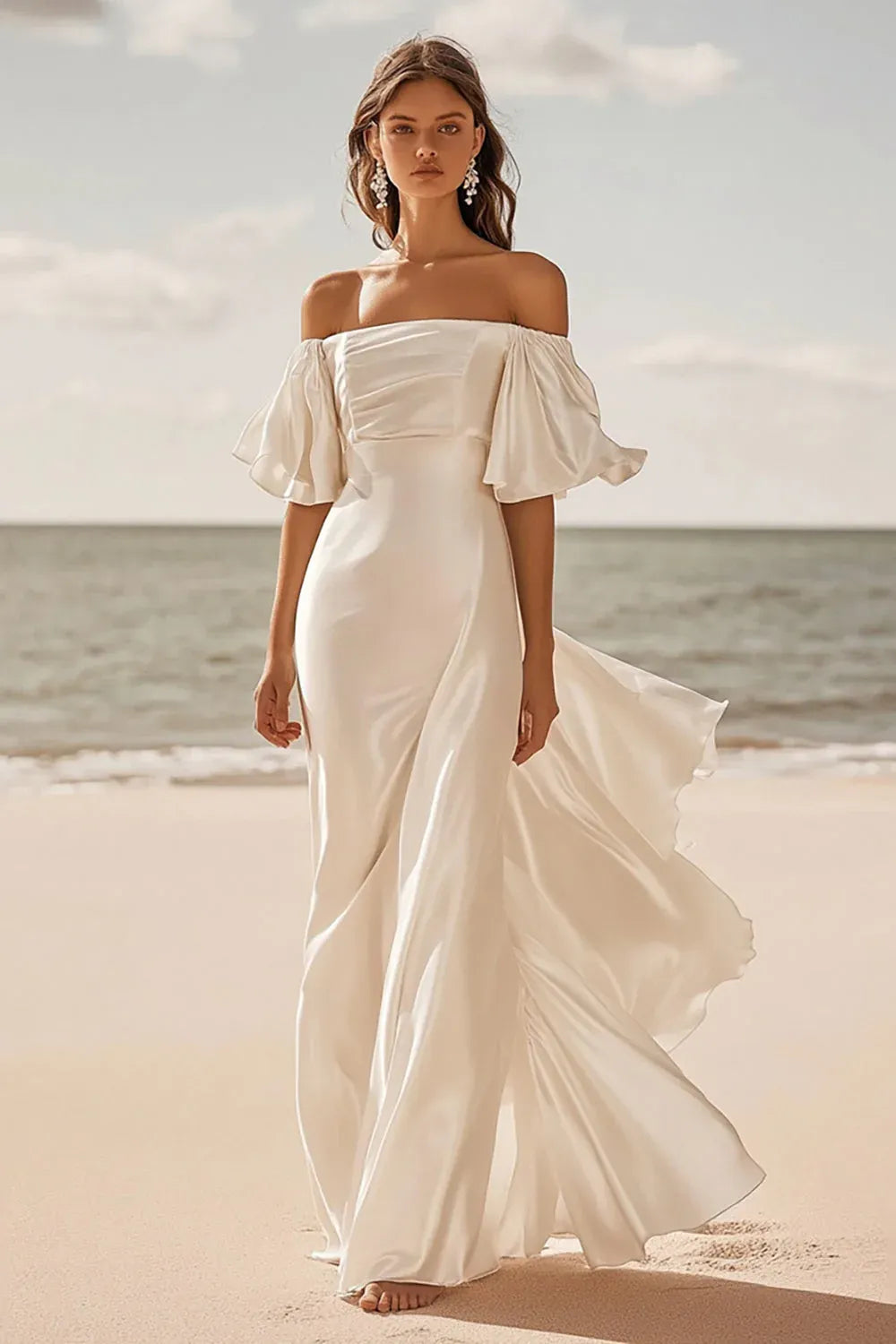 Off-the-Shoulder Satin Mermaid Wedding Dress with Puff Sleeves - Modern Romantic Bridal Gown