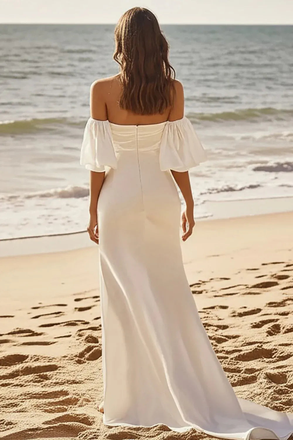 Off-the-Shoulder Satin Mermaid Wedding Dress with Puff Sleeves - Modern Romantic Bridal Gown