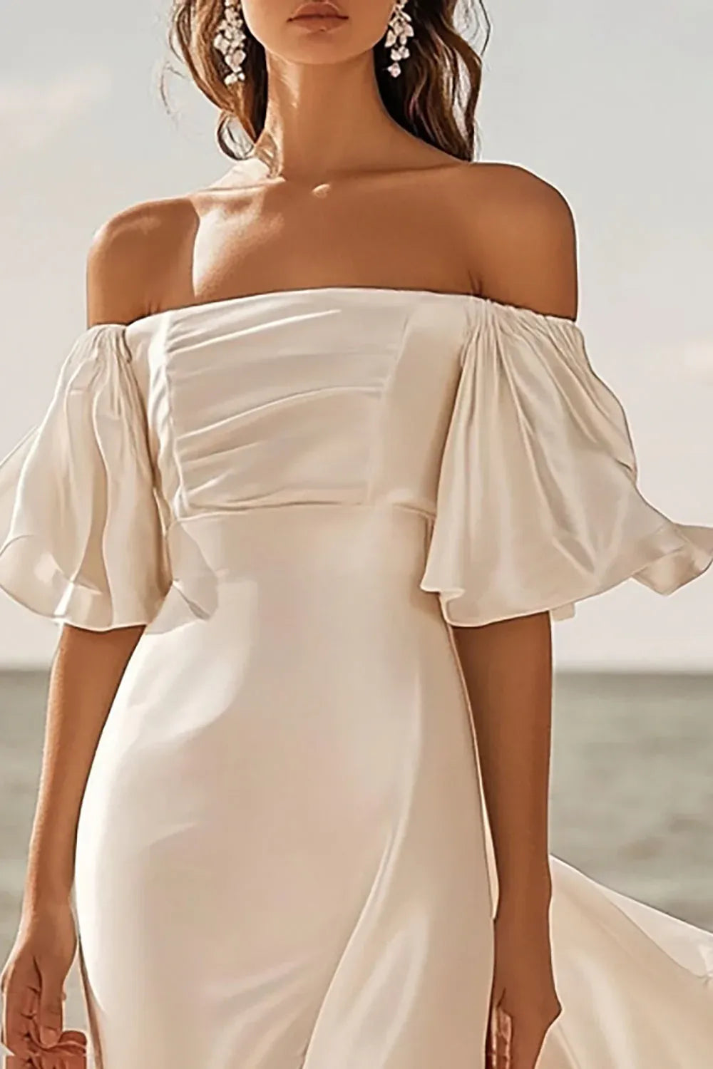 Off-the-Shoulder Satin Mermaid Wedding Dress with Puff Sleeves - Modern Romantic Bridal Gown