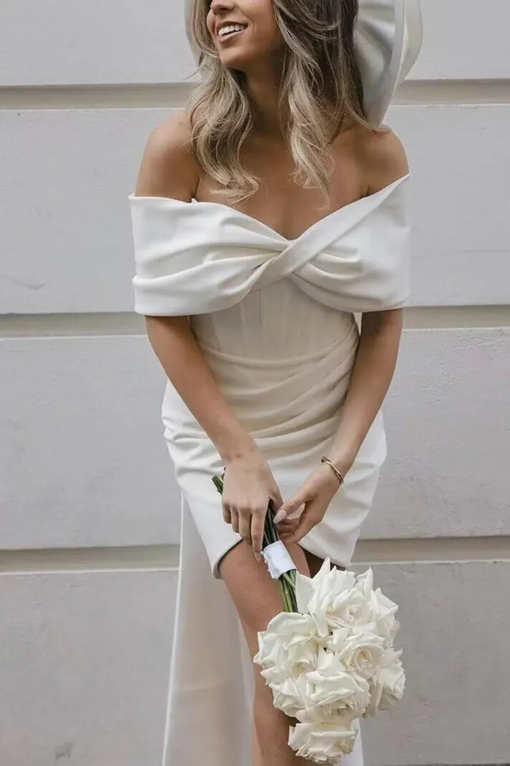 Off-the-Shoulder Satin Mini Wedding Dress with Back Bow - Modern Bridal & Elopement GownOff-the-Shoulder Satin Mini Wedding Dress with Back Bow - Modern Bridal & Elopement Gown