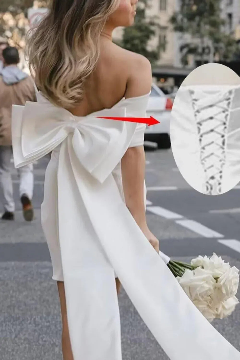 Off-the-Shoulder Satin Mini Wedding Dress with Back Bow - Modern Bridal & Elopement GownOff-the-Shoulder Satin Mini Wedding Dress with Back Bow - Modern Bridal & Elopement Gown